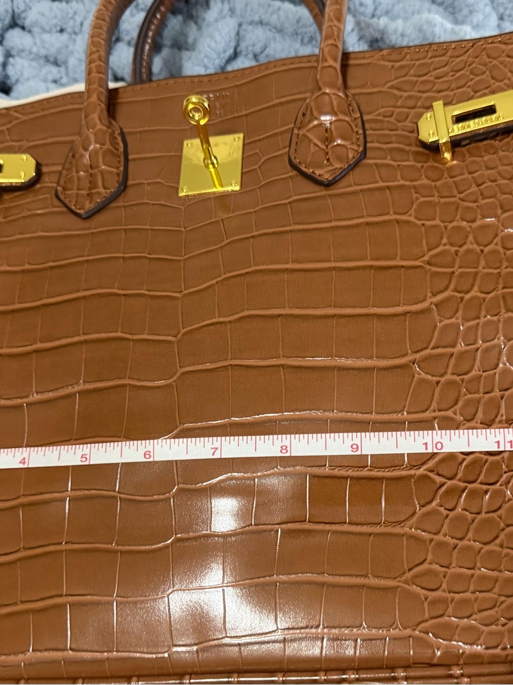 Croc-Embossed Structured Satchel in Brown - Picture 6 of 8